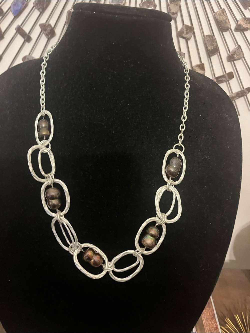Chico’s Silver Linked Necklace with Iridescent Dark Pearls - Women Jewelry New